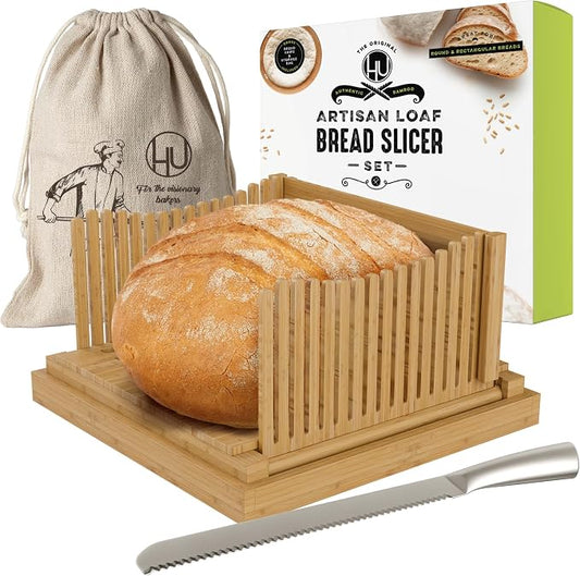 LHU Bamboo Wooden Bread Slicer for Homemade Bread Kit with Adjustable Slicer Guide, 12-Inch Bread Knife and Bread Bag- Rubber Base Grips - Sourdough Bread Cutter, Round Bread Loaf Slicer