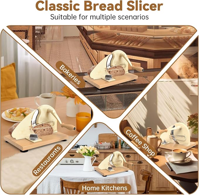 vanerepok Upgrade Manual Bread Slicer for Homemade Sourdough Bread, Classic Hand Crank Home Bread Slicer With Scale Line and Steel Fence, Sharp Blade, Adjustable Width for Homemade & Commercial Use