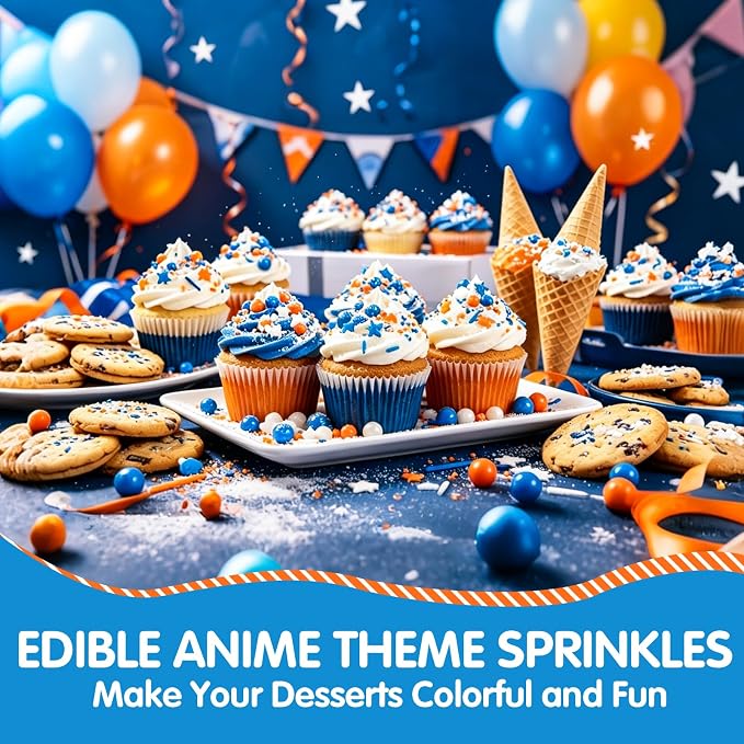 Edible Blue Orange Sprinkles for Cake Decorating,130g White Stars Pearls and Jimmies Mix,Round Sugar Confettis Sprinkle,Cupcake,Cookies,Donut,Basketball Soccer Sports Themed Holiday Dessert Toppings,Birthday Celebration Supplies