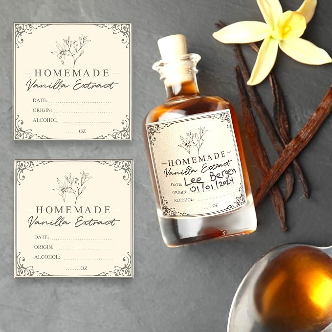 3 * 3 inch Vanilla Extract Labels - 12Pcs Square Homemade Vanilla Extract Stickers, Holiday Gift Stickers for Handcrafted Vanilla Bottles Tags, Fits 2oz, 4oz, 8oz or 16oz Bottles (3x3, 12, Count)