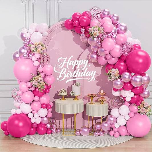Pink Balloon Garland Arch Kit 156 Pcs Different Sizes 18 12 10 5 Inch Hot Pink Latex Metallic Confetti Rose Gold Garland Balloons for Bridal Baby Shower Birthday Princess Wedding Party Decorations