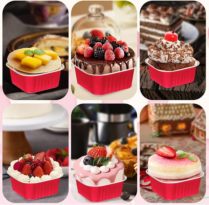 60Pack 5oz Christmas Mini Cake Pans with Lids Baking Cups Aluminum Foil Pans Tins, Individual Dessert Cups Containers for Sales,Party,Picnics Red