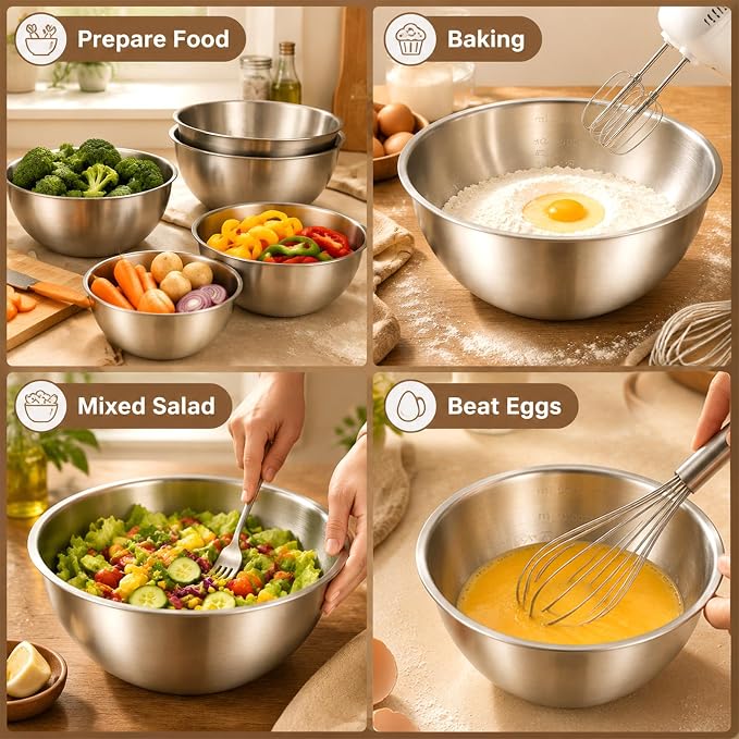 MySHUCE12Pcs Stainless Steel Mixing Bowls with Graduations for Kitchen Home | Metal Serving Salad Bowls Reusable Baking Food Storage Containers for Baking Cooking Salads Soups Fruits Cereal Noodles