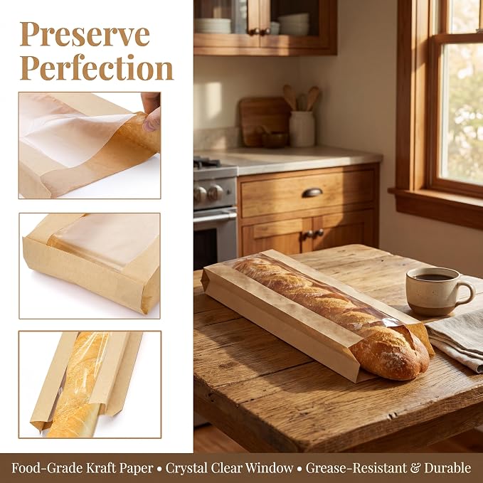150 Pack Paper Bread Bag with Window, 18"x7"x2" Long French Bread Bag, Brown Kraft Baguette Bags, Loaf Storage Packing Sacks Biscuits Packaging for Homemade, Bakery, Coffee Bar