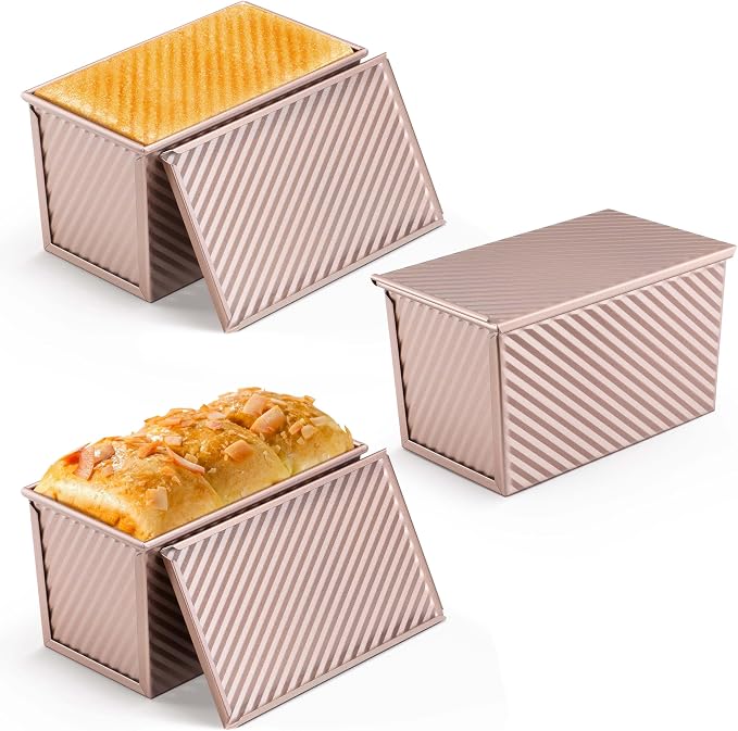 LIANYU 3 Pack Pullman Loaf Pan with Lid, 1 LB Nonstick Bread Loaf Pans Set, Heavy Duty Rectangle Bakeware with Cover for Homemade Sourdough Bread Sandwich, Rose Gold