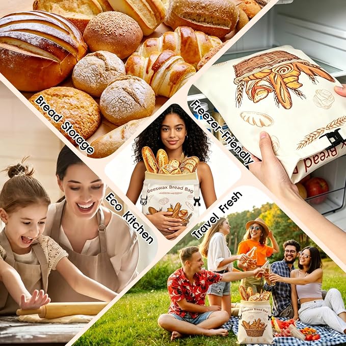 Beeswax Bread Bags for Sourdough, 2 Pack XL Reusable Pure Cotton Organic Beeswax Bread Bag with Bowl Cover, 17 x 13 Inch Bread Bags for Homemade Bread, Keep Fresh, Freezer Safe for Baking, Camping