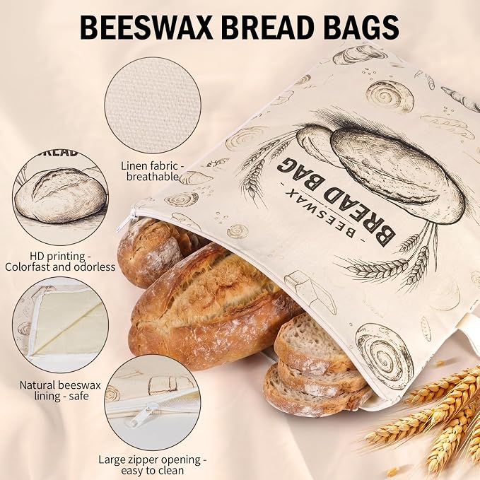 Beeswax Bread Storage Bags for Homemade Sourdough, 2 Pack 13" × 17" Linen Bread Bags with Natural Beeswax Lining, Wide L-Shaped Opening for Large Artisan Loaves, Reusable Bread Keeper（color-A）