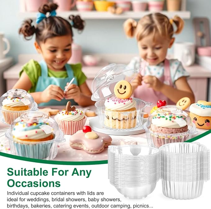 TOFLEN 50ct Cupcake Holders Individual Cupcake Containers, Disposable Clear Plastic Single Cupcake Carrier with Dome Lid for Dessert To-Go, Muffin, Cheesecake, Pastries