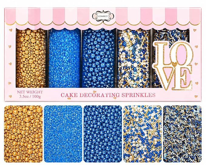 Confect Edible Sprinkles – Marine Royalty Theme – Assorted Pack with Navy Blue & Champagne Gold Dragees, Gold Jimmies & Bright Blue Sparkling Sugar – Sprinkles for Cake Decorating- Vegan, Gluten-Free, Nut-Free, Soy-Free, Dairy-Free, Palm Oil-Free-5 Oz