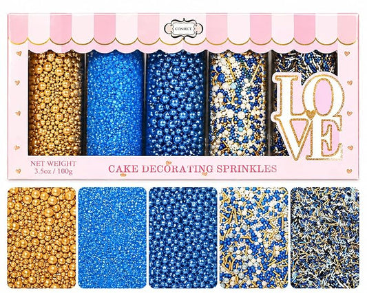 Confect Edible Sprinkles – Marine Royalty Theme – Assorted Pack with Navy Blue & Champagne Gold Dragees, Gold Jimmies & Bright Blue Sparkling Sugar – Sprinkles for Cake Decorating- Vegan, Gluten-Free, Nut-Free, Soy-Free, Dairy-Free, Palm Oil-Free-5 Oz