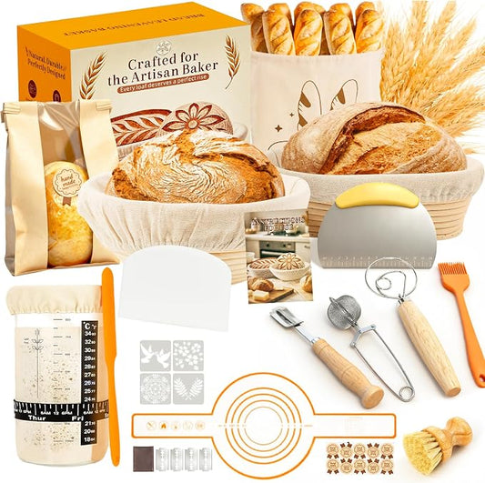 TAOMAND Complete Sourdough Starter Kit for Beginners & Manual | Sourdough Bread Baking Supplies with Round & Oval Banneton Bread Proofing Basket, Bread Sling, Starter Jar, Dough Whisk, Scrapers & Bag