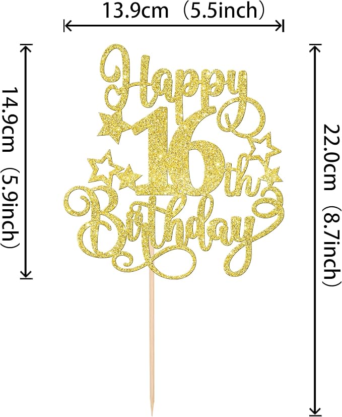1 PCS Happy 16th Birthday Cake Topper Glitter Cheers to 16 Years Birthday Cake Pick Hello 16 Fabulous Cake Decoration for Happy 16th Birthday Anniversary Party Decorations Supplies Gold