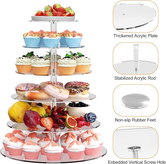 6 Tier Large Acrylic Round Cupcake Stand, Clear Wedding Cupcake Tower Stand, Cupcake Tier Stands for Dessert Table, Tiered Cupcake Holder Stand, Cupcake Display Stand