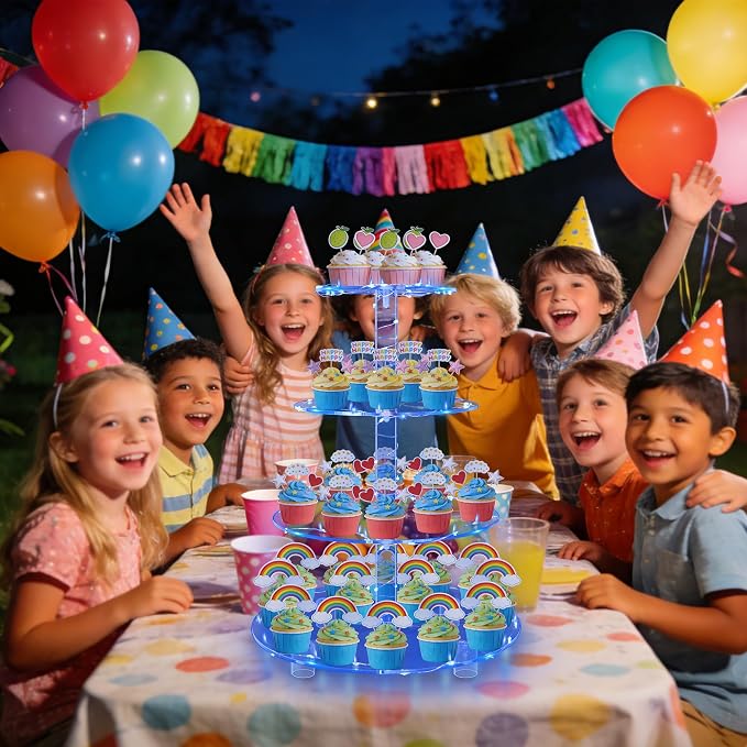 YestBuy 4 Tier Round Cupcake Stand – Premium Cupcake Holder – Acrylic Cupcake Tower Display- Cady Bar Party Décor + LED Light String – Ideal for Weddings, Birthday Parties & Events (Blue)
