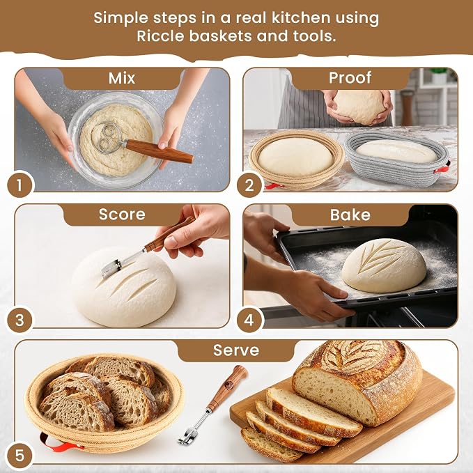 Riccle Cotton Rope Banneton Bread Proofing Basket Set, 9 Inch Round Bread Basket with Liners & Covers for Artisan Bread Baking, Sourdough Bread Baking Supplies (27)