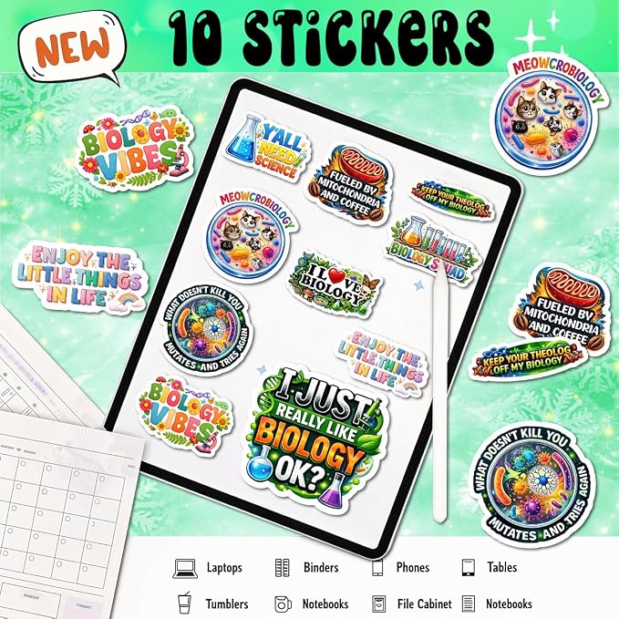 10pcs Biology Sticker Sheet, Educational Vinyl Decals for Biology Students, Teachers, and Nature Lovers, Waterproof, UV-Resistant, for Laptop, Water Bottle, Journal, Notebook, Phone Case, Folder