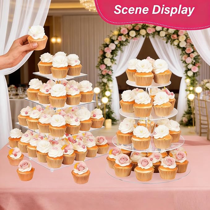 4 Tier Cupcake Stand for 50 Cupcakes, Clear Acrylic Cupcake Stand, Cupcake Holder for Parties, Weddings, Birthdays, Clear Cupcake Stand Ease of Assembly High Stability (Round)