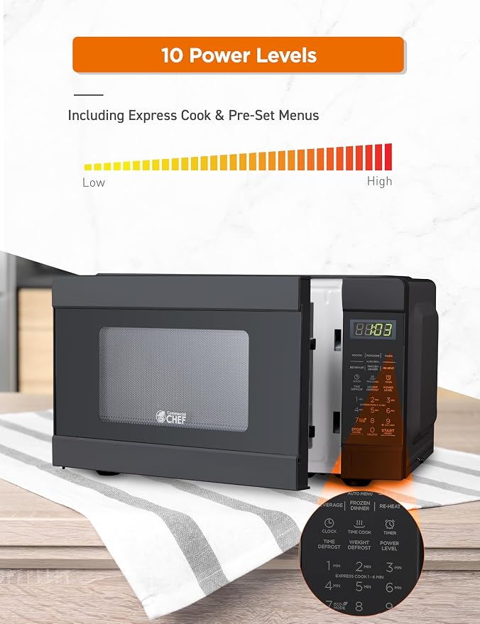 COMMERCIAL CHEF 0.9 Cu Ft Microwave with 10 Power Levels, Push Button and Child Lock, Digital Controls, Countertop Microwave with Timer and Quick-Touch Menu, Black