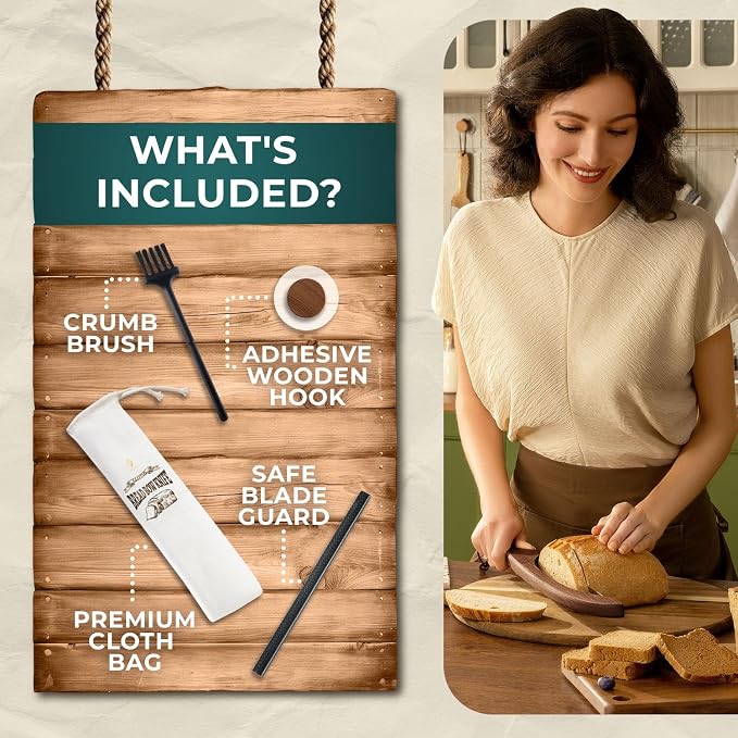 Bread Knife Package Slicer for Sourdough Bread, 16.5" Premium Wooden Bow Design, Premium Stainless Steel Serrated Saw, Cutter for cutting Loaf, Sandwich, Bagels, Homemade Bread & more - Black Walnut