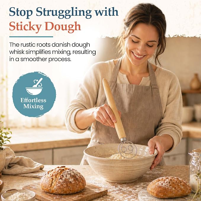 Danish Dough Whisk - 13 inch Stainless Steel Sourdough Whisk with Long Wooden Handle - Durable Bread Dough Mixer - Perfect Stirrer for Artisan Loaves, Pizza Dough & Pancakes