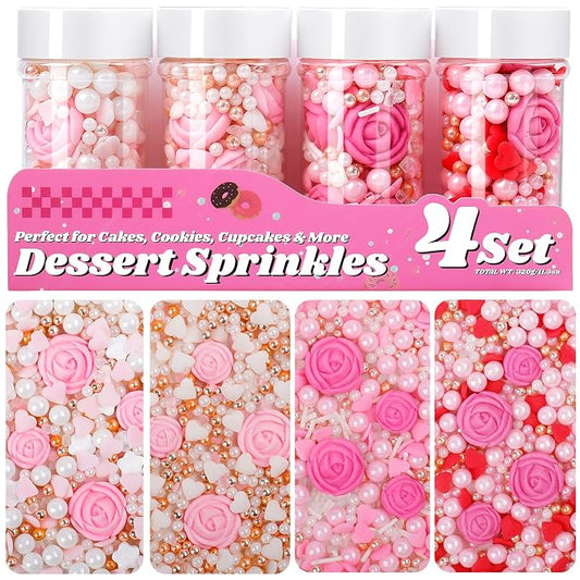 Flower Sprinkles for Cake Decorating, 11.3oz/320g Edible Red Pink Sprinkles Mixed Heart Pearl, 4 Jars Set for Valentines & Mothers Day Baking Cupcakes Cookies