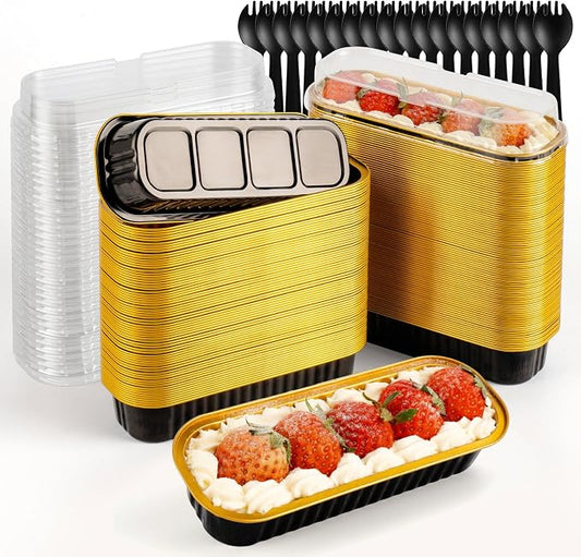 FNIU 30Pcs Mini Loaf Pans with Lids, Aluminum Foil Baking Pans, Rectangle Mini Cake Pans, Brownie Baking Cups for Wedding Birthday Party (Black Gold)