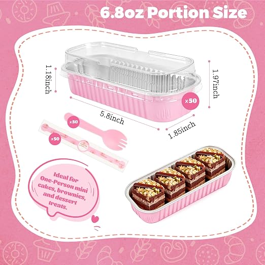 NPLUX Mini Cake Pans with Lids and Spoons, 50 Pack Pink Mini Loaf Pans with Lids, Mini Cake Containers for Baking, Mini Cheesecake and Party Desserts, Graduation Gifts Party Favors