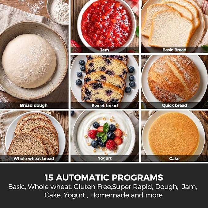 Davivy 3LB Bread Maker, 15 Preset Programs with 4 Quick Mode, 15H Delay Timer & Keep Warm, 3 Loaf Sizes & 3 Crust Shades, Gluten-free, Homemade Bread, Dough, Cake, Yogurt & Jam