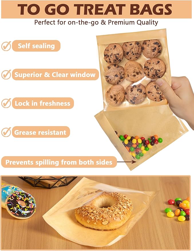 100 Self Sealing Sandwich Bags with Window, Paper Cookie Bags with Seal, Grease Resistant To Go Bakery Sleeves for Packaging Bagels, Donuts, Scone, Brownie, Small Pastries and other Treats