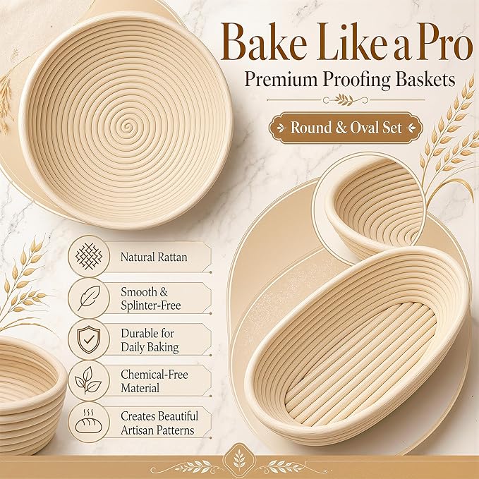 Sourdough Starter kit with Sourdough Starter Jar, 9" Round and Oval Banneton Basket, Dough Scoring Tool, Whisk and Bread Cutter for Homemade Bread a Complete Sourdough Kit