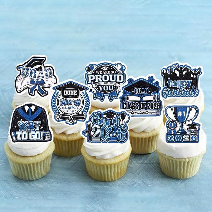 60 PCS Edible 2026 Graduation Cupcake Toppers Class of 2026 Party Cake Decorations Edible Diploma Congrats Grad Cap Cupcake Picks for 2026 Graduation Theme Party Cake Decorations Supplies Black Blue