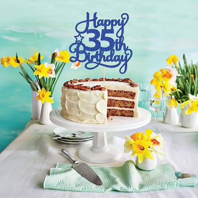 1 Pack Happy 35th Birthday Cake Topper Blue Glitter 35 & Fabulous Cheers to 35 Years Old Birthday Cake Pick for Celebrating 35th Birthday Anniversary Party Cake Decorations Supplies