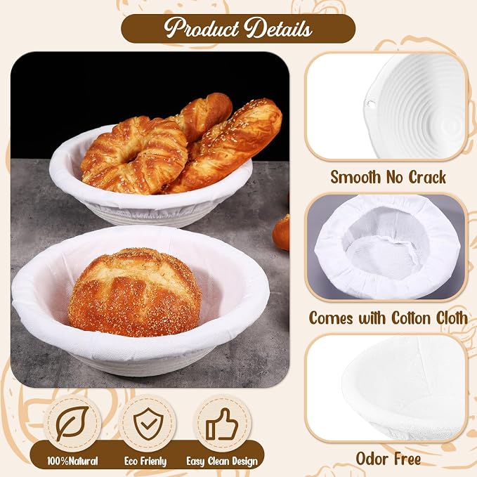 Baderke 4 Pack Banneton Bread Proofing Basket Set 10 Inch Wood Pulp Sourdough Proofing Basket Non Stick Sourdough Banneton Bowl and Liners for Bread Baking Supplies(White,Round)