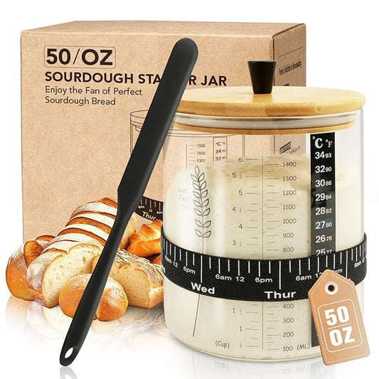 50oz Sourdough Starter Jar, Wide Mouth Sourdough Jar, Large Capacity Sourdough Bread Starter Kit with Lid, Band, Date Tracker, Temp, Sourdough Starter Kit for Sour Dough (1 Pack)