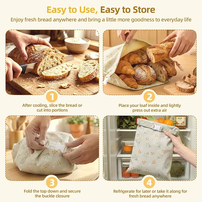 2 Pack Beeswax Bread Bags for Homemade Sourdough Bread, Includes 2 Wraps, 17×13 Inches Organic Cotton Bread Storage Bags, Keeps Bread Fresh, Ideal for Bakers, Kitchen, Travel (Tiny Floral)