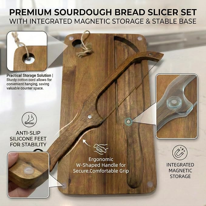 Sourdough Bread Slicer Set, Sourdough Knife & Bread Cutting Board with Crumb Tray Design, Ergonomic W-Handle Grip, Non-Slip Pads, Magnetic Storage, Left & Right Handed, Extra Blade, Bakers Gift