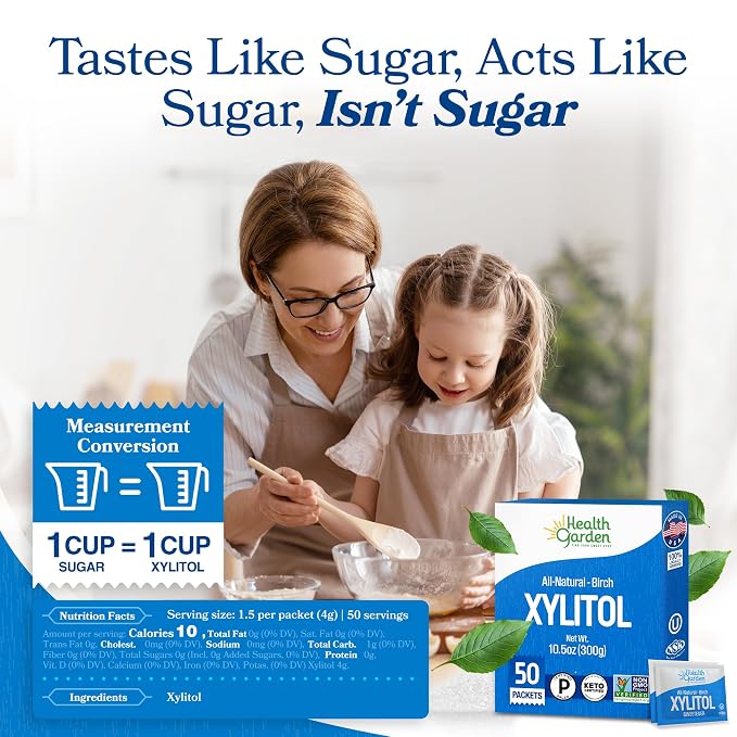 Health Garden Birch Xylitol Sweetener, 50 Packets – 100% Birch-Derived Xylitol Sugar Substitute for Baking & Coffee, 1:1 Sugar Replacement, Supports Teeth, Keto, Vegan, Non-GMO