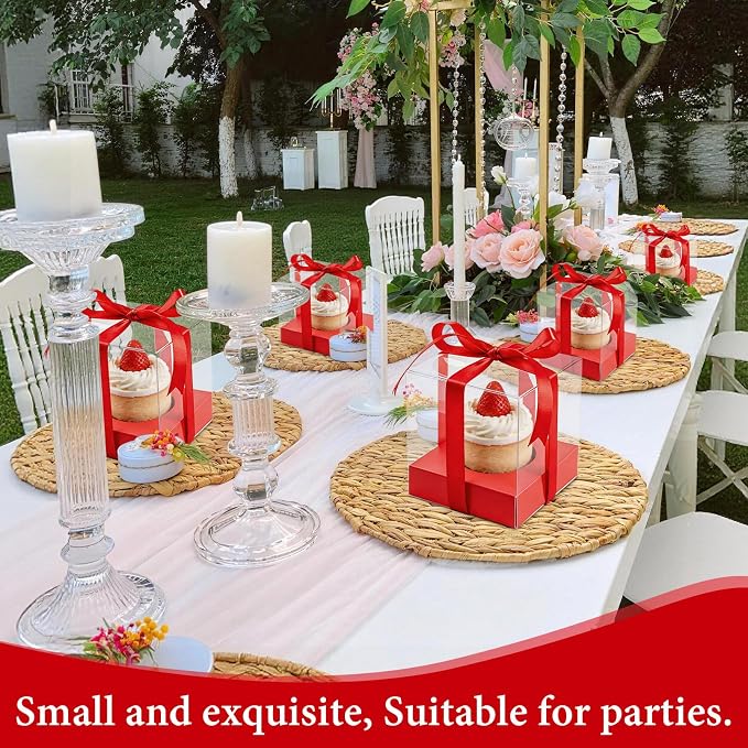 50 Pcs Red Clear Plastic Cupcake Boxes, Individual 3.5 Inch Single Holder Containers with Insert and Ribbon, Paper Base for Wedding, Birthday, Party Favor Gift