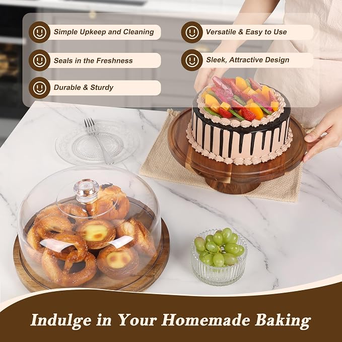 Bellsal Cake Stand with Clear Acrylic Dome Lid, 12in Acacia Wood Cake Holder with Lid, Cake Plate with Lid for Baking Gifts, Cake Display Server Tray for Birthday Party Weddings, Housewarming Gift