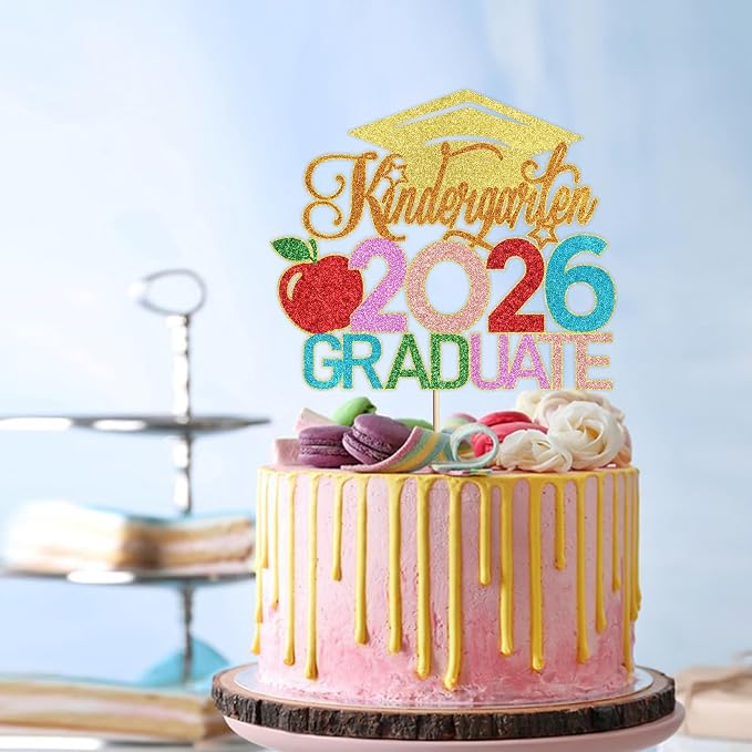 Kindergarten 2026 Graduate Cake Topper, Chirldren Graduation Cake Decorations, Preschool Kindergarten Graduations Party Decoration, Glitter Grad 2026 Happy Graduation (Gold Orange)