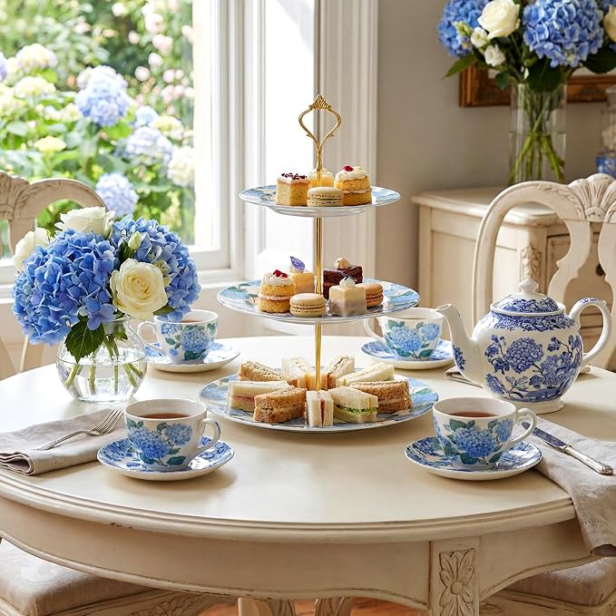 Lallisa 3 Tier Blue Hydrangea Cake Stand 10", 9" and 7" Ceramic Serving Tray Dessert Cupcake Display Holder Tower for Wedding Baby Bridal Shower Tea Party Decoration