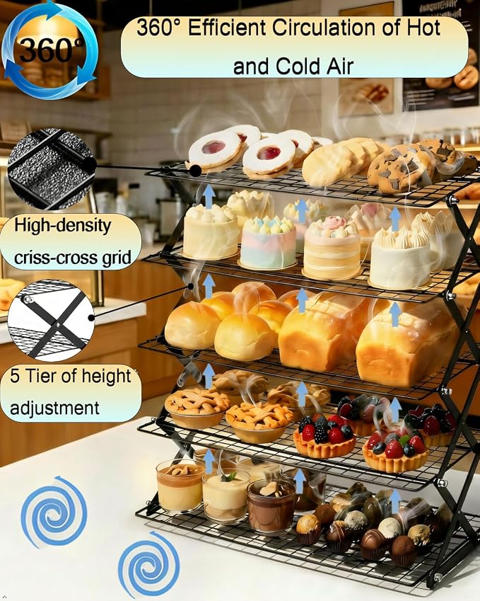 TOPACK 5-Tier Collapsible Cooling Rack for Baking — 15.8" x 9.7" Stackable Metal Wire Racks, Space-Saving Foldable Cookie & Bread Tower with Adjustable Heights for Small Kitchens, Holiday Baking