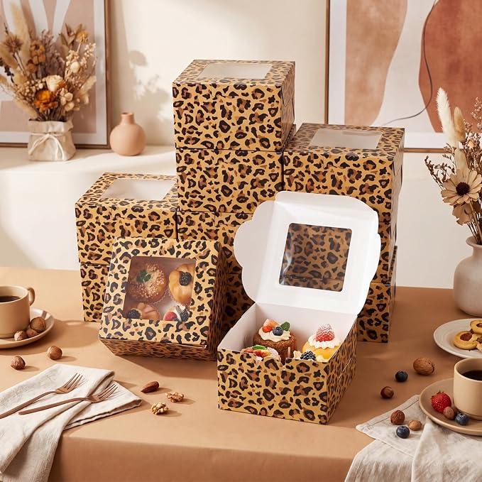 50 Pack Leopard Print Cookie Boxes with Window, Small Bakery Treat Boxes for Pastry Donuts Macaroon Cupcakes, Safari Birthday Wild Themed Party Baby Shower Favors