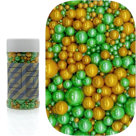 Dynastang Mixed Size Dark Green & Gold Pearls Sprinkles Edible Pearls Cake Decorations Cupcake Toppers Decorating Perfect for Cakes, Cupcakes, Desserts 3OZ