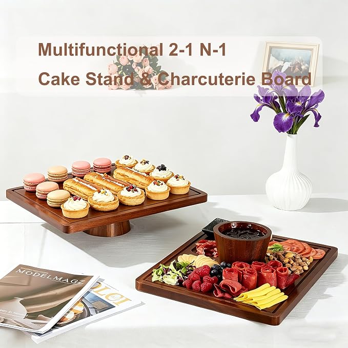 17" Rectangular Acacia Wood Cake Stand with Lid, 2-in-1 Multi-Functional Dessert Display Tray & Charcuterie Board for Cheese/Veggie/Chips & Dip, Birthday/Weddings/Party
