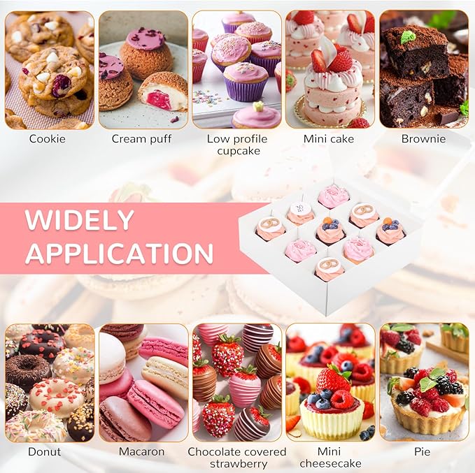 Zealax 9 Inch Bakery Boxes with Window and Dividers Cookie Packaging Treat Boxes for Mini Cupcakes, Chocolate Covered Strawberries, Brownies, and Small Treats for Gift Giving∣Pack of 12, 9x9x2.75 inch