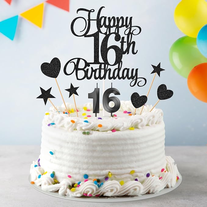 16th Birthday Cake Decorations, 16th Birthday Candles Cake Numeral Candles and Glitter Happy 16th Birthday Cake Toppers Set for Birthday Party Supplies (Black)