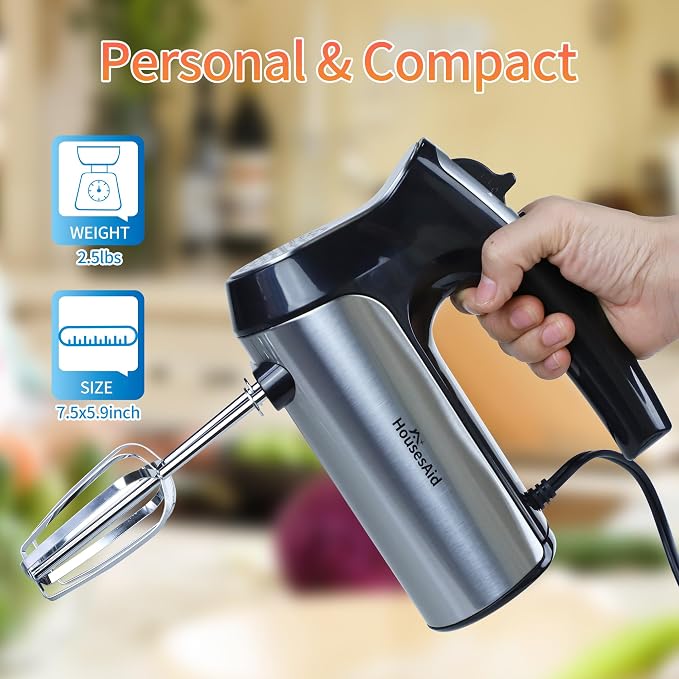 200W Hand Mixer, Lightweight Electric Mixer with Turbo Function, 5-Speed Handheld Mixer for Whipping, Folding, and Dough Kneading, Compact Storage with Attachments,black