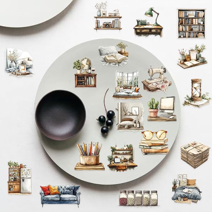100Pcs Retro Coffee Shop Stickers for Scrapbooking Journaling Junk Journal Scrapbook Supplies - Waterproof Transparent PET Aesthetic Decals for Resin Crafts Decorative Art Crafts