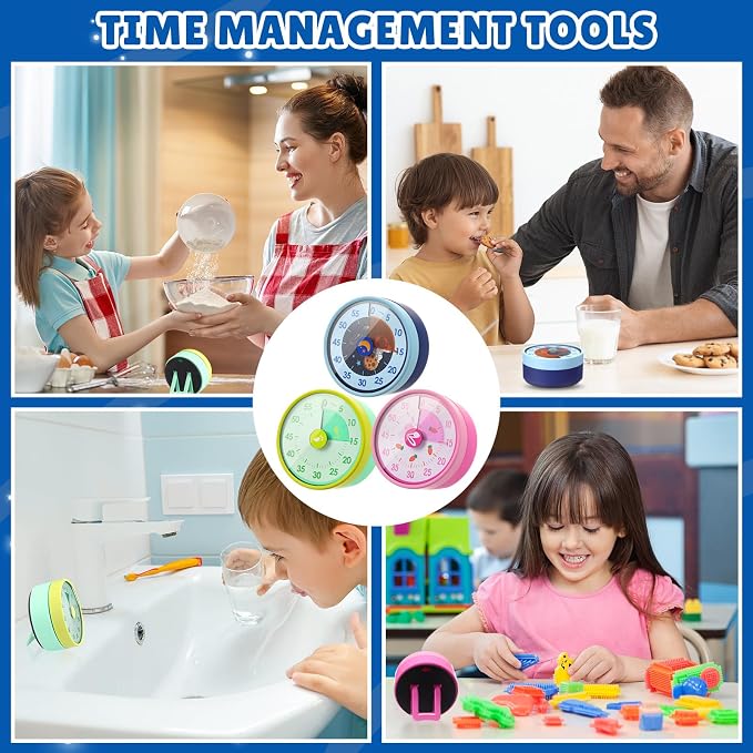 Tellegloww 3 Pcs Visual Timer for Kids 60 Minute Desk Mechanical Countdown Timers with Magnetic Backing Foldable Legs Hanging Hole for Kitchen Cooking Classroom Whiteboard, Kids with Autism